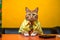 Funny cat wearing business costume and tie in studio, colorful background. Generative AI