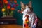 Funny cat wearing business costume and tie in studio, colorful background. Generative AI