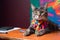 Funny cat wearing business costume and tie in studio, colorful background. Generative AI
