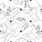 Funny Cats. Continuous line drawing. Seamless pattern. Print. White polka dots background. Labyrinth. Vector.