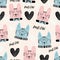 Funny cats head seamless pattern with meow text. Vector for kids and baby fashion textile print