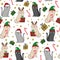 Funny cats in Santa hat, elf hat reindeer antler seamless pattern. Candy cane, and christmas presents