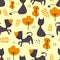 Funny cats seamless pattern botanical and nursery drawing scandinavian design. Vector illustration repeat ready for baby kids