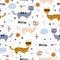 Funny cats seamless pattern. Cute hand drawn kitten animal cartoon. Scandinavian childish drawing style. Colorful vector