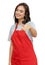 Funny caucasian waitress with red apron