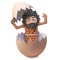Funny caveman 3d wearing animal pelt and playing inside a hatched dinosaur egg, 3d illustration