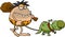 Funny Caveman Cartoon Character With Club And Dino Dog Goes To Hunting