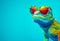 Funny chameleon with glasses on orange background - AI generated