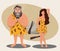 The funny character of the caveman stared at the mobile phone, not paying attention to the beautiful cave girl attracting his atte