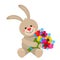 Funny character Easter bunny holding in his paws a bouquet of flowers from tulips. The concept of Valentine, Wedding, March 8,