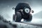 funny character with a pair of black winter tires, driving on snowy road