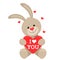 Funny character Rabbit holds in his paws a big heart with the words I love you. The concept of Valentine`s Day, wedding, Easter