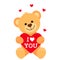 Funny character Teddy holds in his paws a big heart with the words I love you. The concept of Valentine`s Day, wedding, Valentine