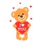 Funny character Teddy holds in his paws a big heart with the words I love you. The concept of Valentine`s Day, wedding, Valentine