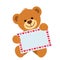 Funny character Teddy holds in his paws a card with a place for your text. The concept of Valentine`s Day, wedding, Valentine`s