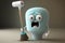 funny character toilet brush being used to scrub and clean toilet bowl