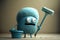 funny character toilet brush being used to scrub and clean toilet bowl