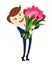Funny character wearing suit gives flowers. Vector illustration