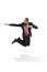 Funny cheerful businessman jumping in air over white background