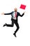 Funny cheerful businessman jumping in air over white background