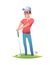 Funny cheerful golfer standing at the golf course. Cartoon character design illustration.