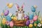 Funny cheerful rabbit sits in basket among flowers and eggs