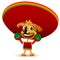 Funny cheerful yellow mexican dog in poncho and sombrero holding maracas