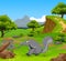 Funny Cheetah cartoon in the jungle with landscape background