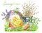 Funny chicken, egg shell, willow branch, young grass and flowers