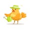 Funny chicken gardener wearing a green hat standing and holding a watering can colorful character vector Illustration