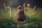The funny chicken standing in the meadow with a curious look