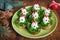 Funny chickens from eggs on the Christmas table with the symbol