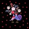 Funny chickens - romantic couple of rooster and hen with bouquets of flowers isolated on black background with red hearts