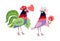 Funny chickens - romantic couple of rooster and hen with heart and flower in vector. Beautiful greeting or invitation card
