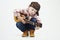 Funny child boy with guitar.ukulele guitar. fashionable country boy playing music