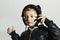 Funny child enjoy music. Little boy in headphones