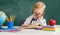 Funny child   schoolboy  boy student about school blackboard