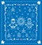 Funny childish decorative greeting for winter holidays with Eskimo child boy and girl, snowflakes, fir trees and sun