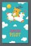 Funny childish deer flying in airplane in clouds, kids poster template - flat vector illustration.