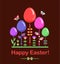 Funny childish Easter greeting card with colorful painted glass eggs and abstract flowers. Flat design