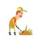 Funny Childish Hunter Character With Moustache Putting The Gun Into The Burrow Cartoon Vector Illustration