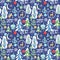 Funny childish seamless wallpaper with Christmas pattern with balls, reindeer, angel, snowy trees, paper snowflakes, crescent, sta