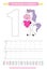 Funny children flashcard number one. Unicorn with hearts learning to count and to write. Coloring printable worksheet for kinderga
