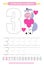 Funny children flashcard number three. Unicorn with hearts learning to count and to write. Coloring printable worksheet for kinder