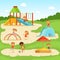 Funny children at summer playground. Kids playing in park. Vector illustration