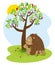 Funny chimpanzee and the little snail sitting under the tree with red fruits falling. Vector illustration