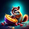 Funny chipmunk eating a pie on a dark background. generative AI