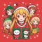 Funny Christmas background with cartoon cute anime girl in the center and anime characters around