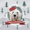 Funny Christmas card with a polygonal portrait polar bear showing tongue in the Santa Claus hat