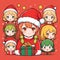 Funny Christmas cartoon background with cute anime girl in the center and anime faces around